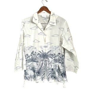 Liz Claiborne Cotton Button Front Tropical Print Blouse White Size XL
